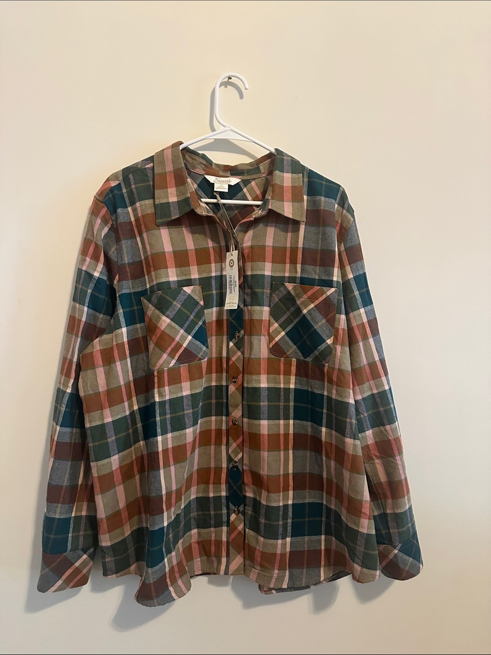 Natural Reflections Women's Plaid Button-Down Shirt - clay and olive plaid